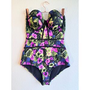 Attention Swimwear Black Floral One Piece Bathing Suit Molded Seamed Cups size M